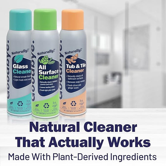 Glass Cleaner, All Surface Cleaner, and Tub and Tile Bathroom Cleaner, Safe and Effective All Natural Cleaning Products, 14 oz Continuous Spray Cans, 3 Pack