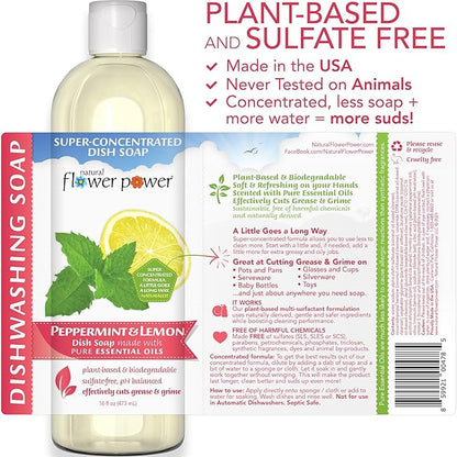Plant-Derived Dish Soap - Sulfate-Free, Bio-Based, pH-Balanced, Vegan Cleaning Supplies - Peppermint & Lemon - 3 x 16 oz