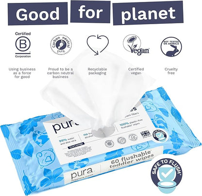 Pura Flushable Toddler Wipes 3 x 60 Wipes (180 Wipes), 100% Plastic Free, 99% Water, Hypoallergenic & Fragrance Free, Totally Chlorine Free, Kids Toilet Wipes, Potty Training