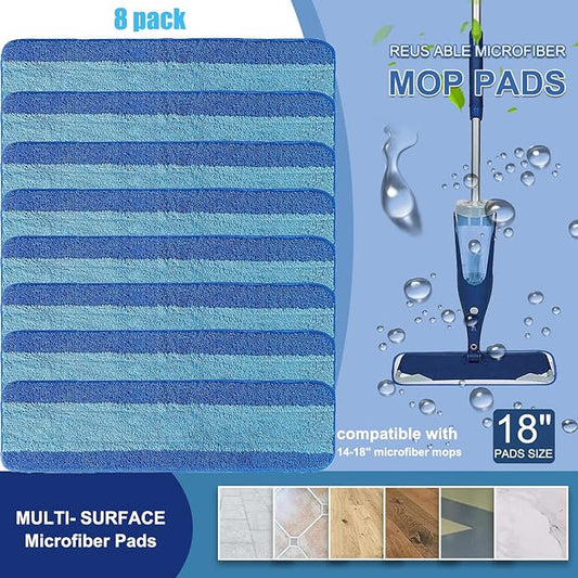 MZY LLC 8 Pack Microfiber Cleaning Pads Compatible with Bona Mop, 18 Inch Microfiber Mop Pads Reusable Pads for Hardwood Floor Cleaning