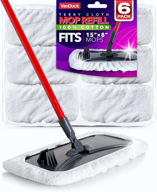 100% Cotton Terry Cloth Mop Pads 15x8 Inch 6-Pack (Handle is Not Included)