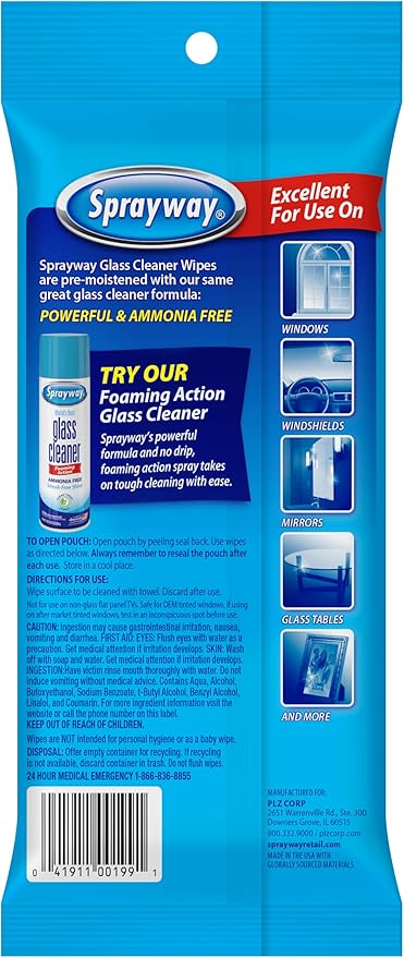 Sprayway Glass Cleaner Wipes, 20ct, Pack of 6 | On-the-Go Resealable Package, Pre-Moistened | Original Ammonia-Free Formula | Removes Fingerprints, Dust, Dirt | All Glass Surfaces