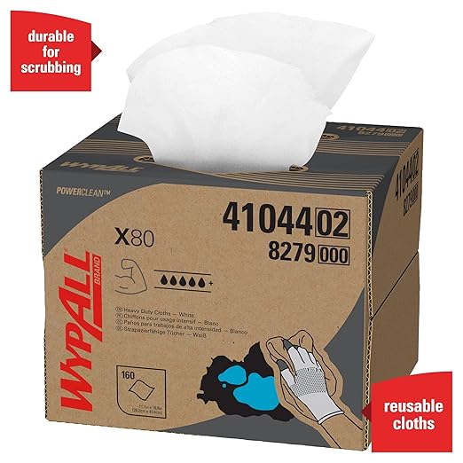 WypAll PowerClean X80 Cloths Heavy Duty Wipes (41044), Brag Box, Extended Use Towels, White (1 Packs of 160 Sheets, 160 Sheet Total)