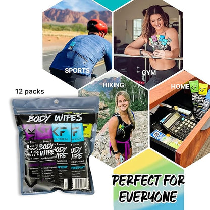 Body 12-Count Wipes - Original Disposable Wipes, Individually Wrapped for the Gym, Workout, Hiking, Travel, and Sport (Mixed)