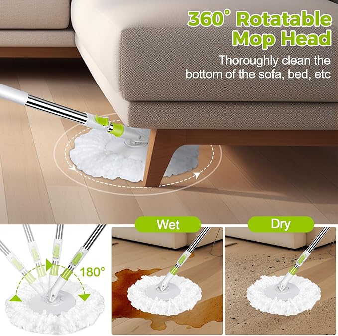 Masthome Mop and Bucket with Wringer Set, Small Spin Mops with Bucket Detachable and 3 Microfiber Mop Pads, 50" Microfiber Spin Mop for Hardwood Laminate Ceramic Marble Tile Floor Cleaning
