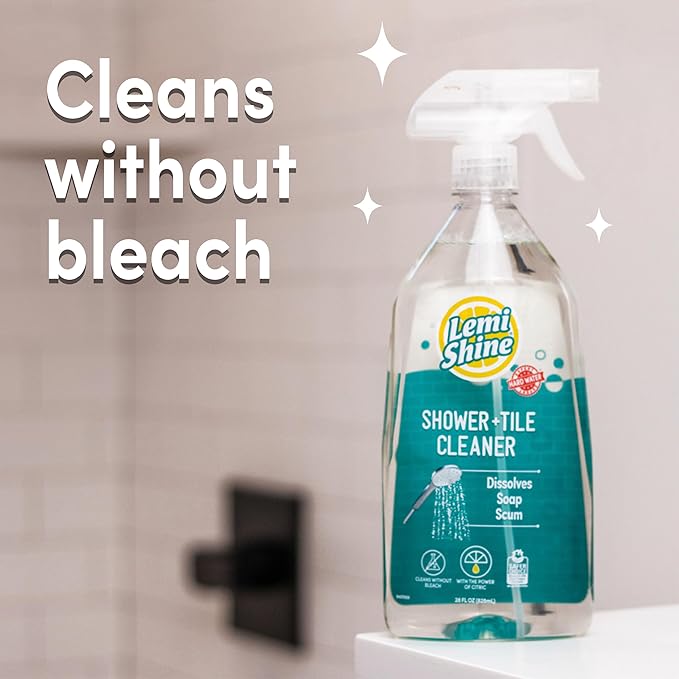 Lemi Shine Shower + Tile Cleaner | Removes Soap Scum & Hard Water Stains | Bathroom Cleaner Spray for Tub, Shower, Sink, and Tile Cleaning | Powered By Citric Acid | Fresh Lemon Scent, 28 oz. (3 Pack)