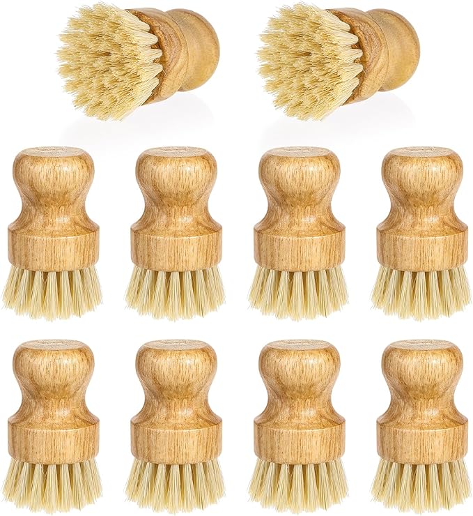 12 Pcs Bamboo Dish Scrub Brushes Kitchen Dishwashing Cleaning Brush Wooden Scrubbers Set Sisal Bristles Cleaner Scrubber for Washing Cast Iron Pan Pot Sink Spatula