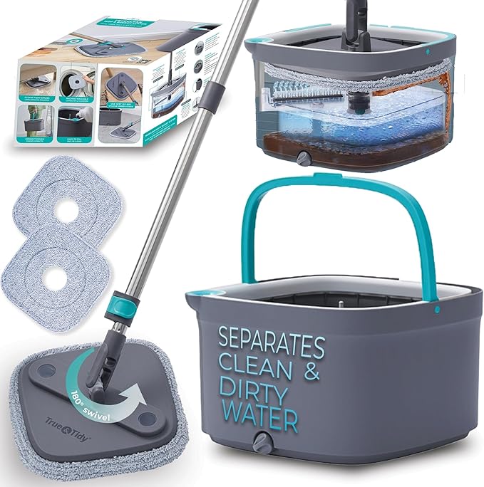 True & Tidy True Clean Spin Mop & Bucket System – Dual Compartment Design for Clean & Dirty Water, 360° Swivel Mop Head, Built-in Scrubbing Brush, Stainless Steel Handle & 2 Reusable Microfiber Pads