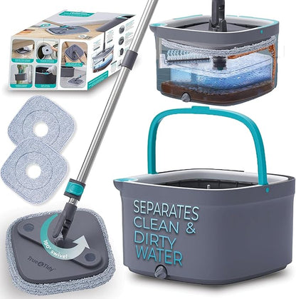 True & Tidy True Clean Spin Mop & Bucket System – Dual Compartment Design for Clean & Dirty Water, 360° Swivel Mop Head, Built-in Scrubbing Brush, Stainless Steel Handle & 2 Reusable Microfiber Pads