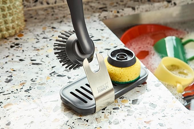 Joseph Joseph SinkTech Dish Brush and Sponge Set with Replacable Heads and Large Stainless-Steel Storage Stand Drip Tray