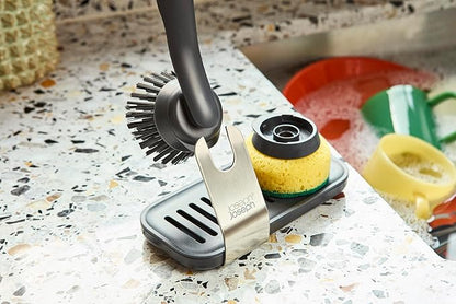Joseph Joseph SinkTech Dish Brush and Sponge Set with Replacable Heads and Large Stainless-Steel Storage Stand Drip Tray