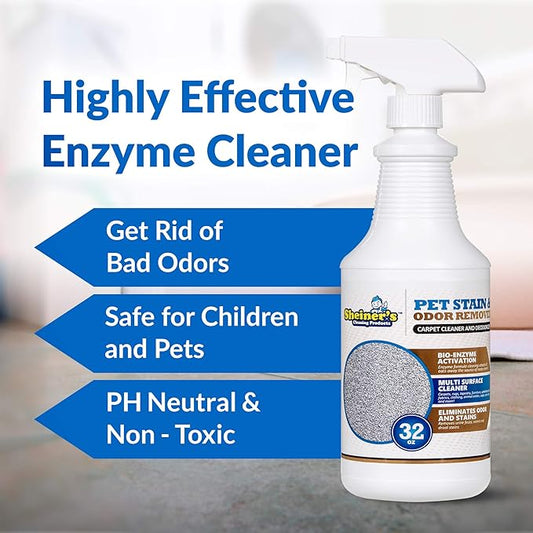 Sheiner's Pet Stain & Odor Remover, Professional Strength Bio-Enzyme Powered Carpet Cleaner, and Spot Eliminator, for Dogs, Cats, Small Animals and Pets, 32 Oz Spray