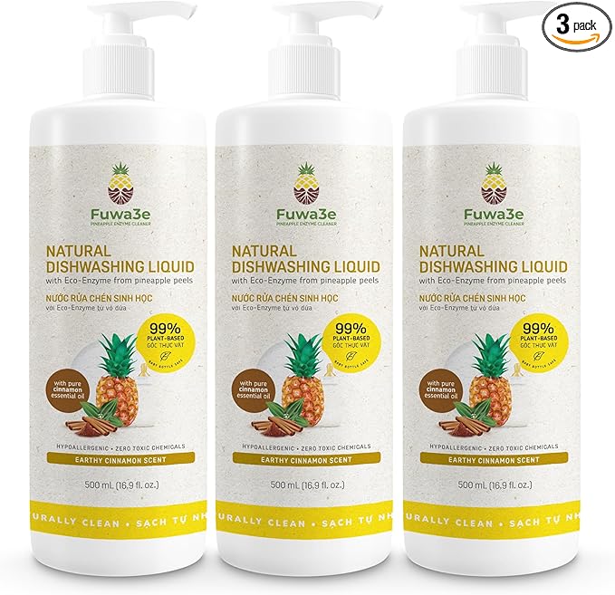 Fuwa3e Pineapple Enzyme Natural Dish Soap Earthy Cinnamon Scent - 16.9oz 3 Pack - 99% Plant Based Dish Liquid - Hypoallergenic Dish Soap from Discarded Pineapple Peels
