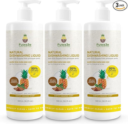 Fuwa3e Pineapple Enzyme Natural Dish Soap Earthy Cinnamon Scent - 16.9oz 3 Pack - 99% Plant Based Dish Liquid - Hypoallergenic Dish Soap from Discarded Pineapple Peels
