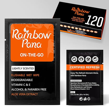 RainbowPana 120 Count Flushable Wipes for Men: ON-THE-GO, Individually Wrapped | Butt Wipes, Travel Wipes | Lightly Scented - Vitamin C, E, Aloe, Plant Extract | Hypoallergenic, Sensitive Skin