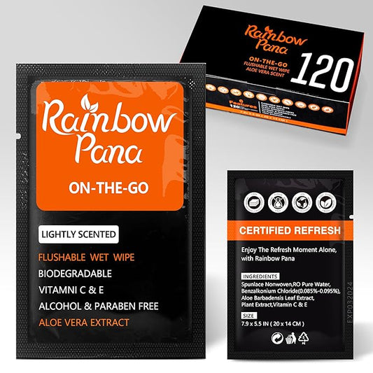RainbowPana 120 Count Flushable Wipes for Men: ON-THE-GO, Individually Wrapped | Butt Wipes, Travel Wipes | Lightly Scented - Vitamin C, E, Aloe, Plant Extract | Hypoallergenic, Sensitive Skin