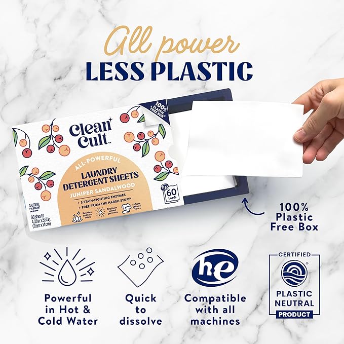 Cleancult Laundry Detergent Sheets - Resealable Box - 3 Stain Fighting Enzymes - Juniper Sandalwood - 60 Loads - Free of Harsh Chemicals - No Mess - No Plastic Waste