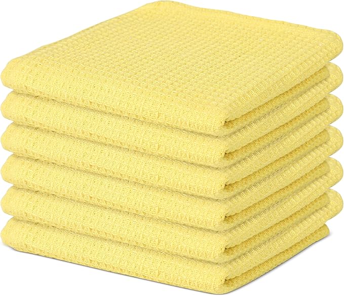 100% Cotton Waffle Dish Cloths (Pack of 6) - Dish Rags for Washing Dishes - Reusable & Highly Absorbent Kitchen Towels - Multipurpose Kitchen Rags - (12" x 12" - Lemon Yellow)