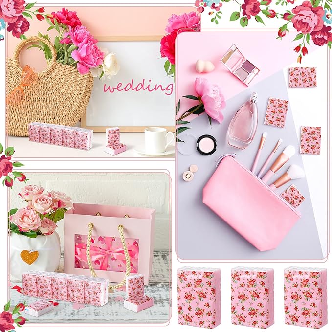 100 Packs Tissue Packs Floral Travel Tissues Packs Pocket Facial Tissues Soft Mini Small Tissues Travel Size Bulk 3 Ply Tissue Packs for Wedding Holiday Spring Picnic Party, 7 Sheets Each Pack