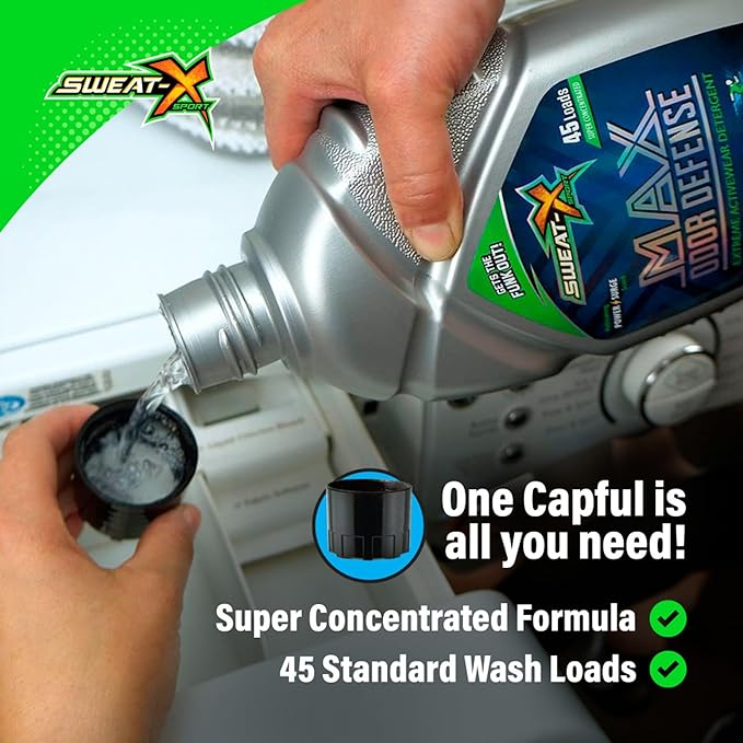 Sweat X Original Max Odor Defense Laundry Detergent – Remove the Worst Odors & Toughest Stains – High Performance Sports Wash for Training Gear & All Fabric Types – 45 Loads – 2 Pack
