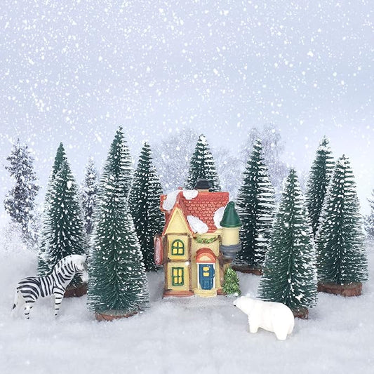 10PCS 4inch Mini Snow Frost Trees Mini Christmas Tree Plastic Winter Snow Ornaments Tabletop Trees for Holiday Party DIY Room Decor Home Table Top Christmas Decoration (Green)