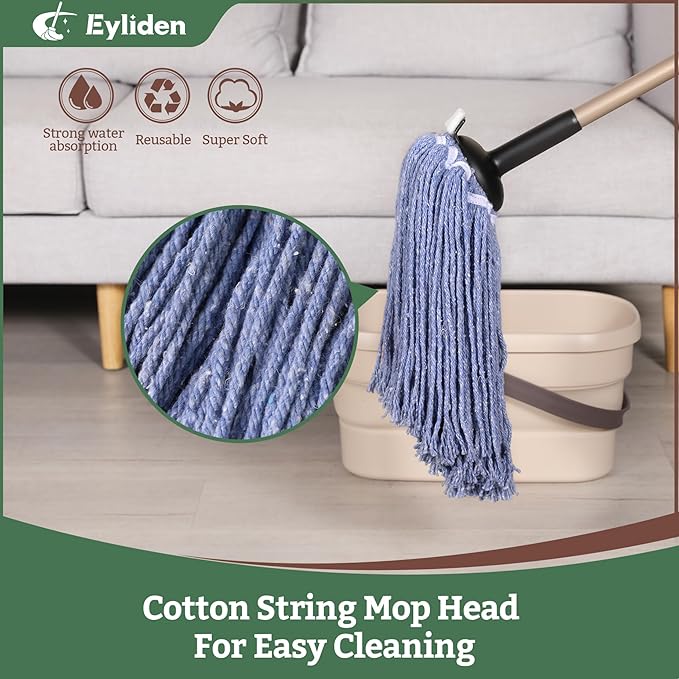 Eyliden String Mop with 2 Reusable Heads, Non-Touch Replacement Mops for Floor Cleaning, 4 Scouring Pads Adjustable Handle Floor Mop, Wet and Dry Cotton Mop for Any Surfaces, Commercial Home, Blue