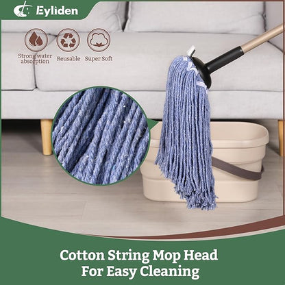 Eyliden String Mop with 2 Reusable Heads, Non-Touch Replacement Mops for Floor Cleaning, 4 Scouring Pads Adjustable Handle Floor Mop, Wet and Dry Cotton Mop for Any Surfaces, Commercial Home, Blue