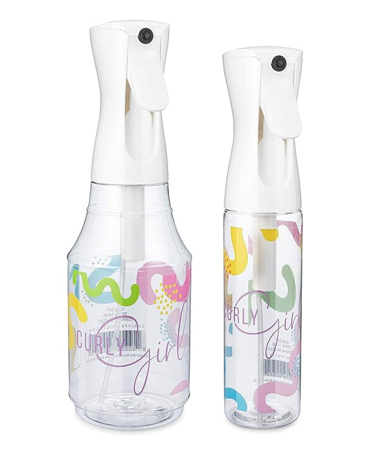 Curly Girl Hair Spray Bottle – Ultra Fine Extended Water Mister for Curly Hairstyling, Care and Moisturizing (10 Fl. Oz. & 24 Fl. Oz Set, Squiggles White Top)
