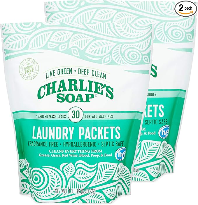 Charlie's Soap - Unscented Powdered Laundry Packets 30 Count (2 Pack 60 Total Loads)