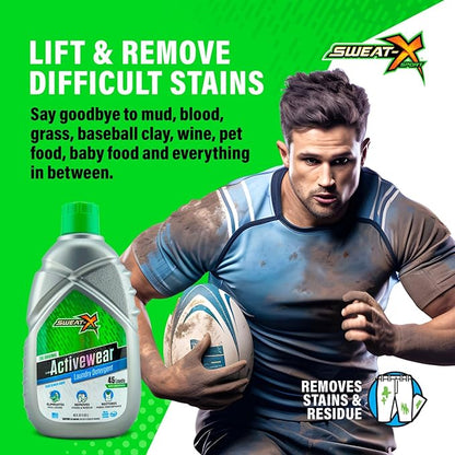 Sweat X Original Activewear Laundry Detergent – Remove the Worst Odors & Toughest Stains – High Performance Sports Wash for Training Gear & All Fabric Types – 45 Loads/Bottle – 4 Pack