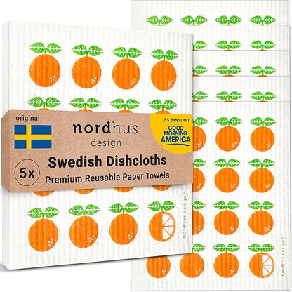 Nordhus Design Swedish Dishcloths, 5 Pack Oranges, Made in Sweden - Reusable, Washable Cellulose Cotton Kitchen Cloths - Replace Paper Towels, Wipes, Sponges, Dish Rags