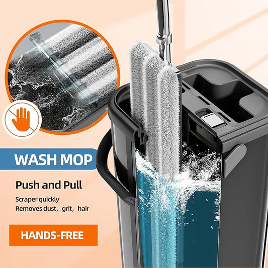 Black Flat Mop and Bucket for Home with 4 Extra Refills, Stainless Steel Mop and Bucket with Wringer, Hands-Free Mop, Wet and Dry Use Mop with Long Handle