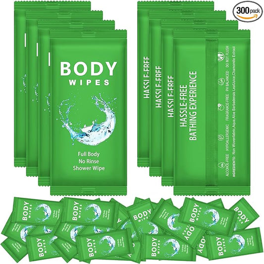 Treela 300 Pcs Bulk Large Body Wipes Individually Wrapped Big Bath Wipes for Adults Bathing No Rinse Shower Bulk Deodorant for Homeless Hygiene Personal Cleansing for Travel Gym(7.09" X 9.84",Green)