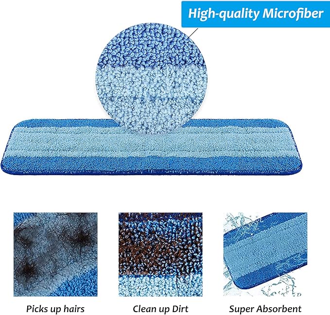 3 Pack Microfiber Mop Pads, 18 Inch Reusable & Washable Cleaning Replacements Pads for Bona Spray Mop, Blue