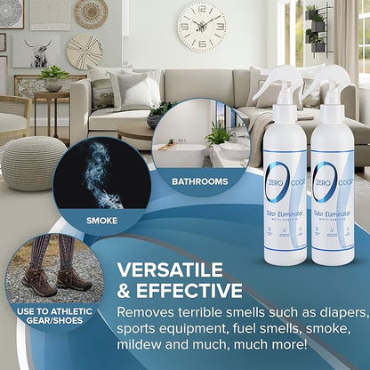Zero Odor - Multi-Purpose Strong Odor Eliminator for Home, Office, Car, Bathroom, Hotel, Room Deodorizer, and Odor Neutralizer, 8oz Two Pack