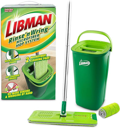 Libman Rinse 'n Wring Mop and Bucket System | Microfiber Floor Mop | Hardwood Floor Cleaner | Wet & Dry Mop | Clean & Dirty Water Chambers | Power Blades | 2 Total Microfiber Pads,Green