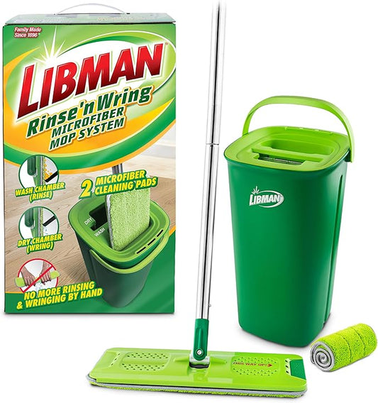 Libman Rinse 'n Wring Mop and Bucket System | Microfiber Floor Mop | Hardwood Floor Cleaner | Wet & Dry Mop | Clean & Dirty Water Chambers | Power Blades | 2 Total Microfiber Pads,Green
