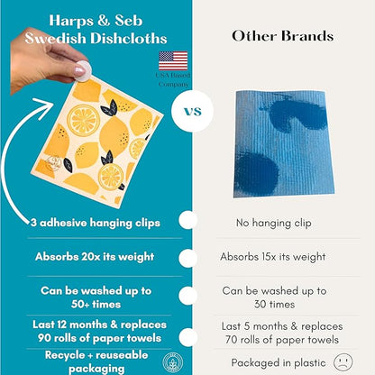 Harps&Seb Swedish Dishcloths for Kitchen Dish Towels - 6 Pack, Reusable Paper Towels with Clips, Super Absorbent Washable Non-Scratch Swedish Dish Towels, No Odor, Biodegradable