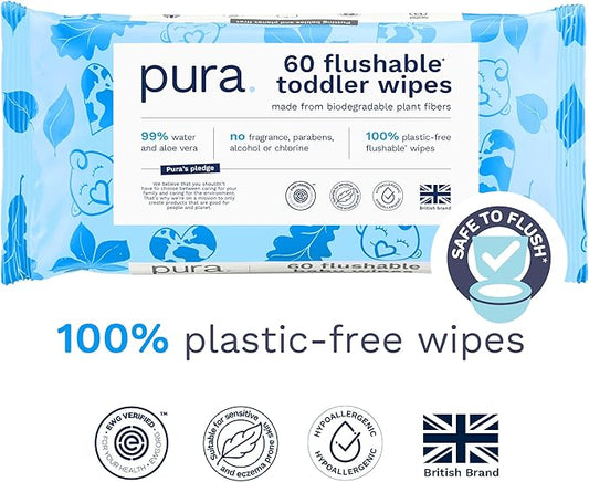 Pura Flushable Toddler Wipes 1 x 60 Wipes, 100% Plastic Free, 99% Water, Hypoallergenic & Fragrance Free, Totally Chlorine Free, Kids Toilet Wipes, Sensitive Skin