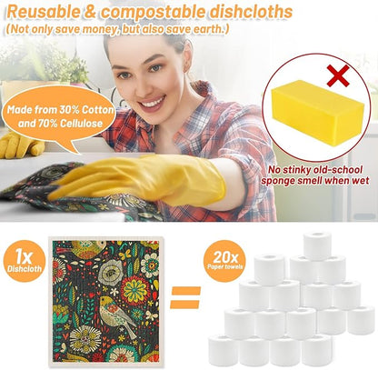 Lucomb 8 Pack Swedish Dishcloths for Kitchen, Reusable Soft Kitchen Towels Dish Cloths Set Absorbent Sponge Cleaning Washable Quick Drying Bar Hand Washing (Birds Flowers)