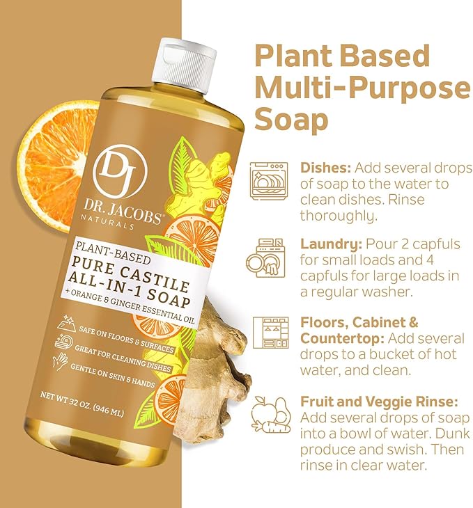Dr. Jacobs Naturals Orange + Ginger Castile All-In-One Cleaner and Soap, Effective Plant-Based Formula for House Cleaning. Eco-friendly for Home Essentials and the Planet (32 Fl Oz, 1 Pack)