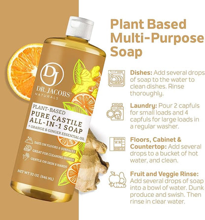 Dr. Jacobs Naturals Orange + Ginger Castile All-In-One Cleaner and Soap, Effective Plant-Based Formula for House Cleaning. Eco-friendly for Home Essentials and the Planet (32 Fl Oz, 1 Pack)