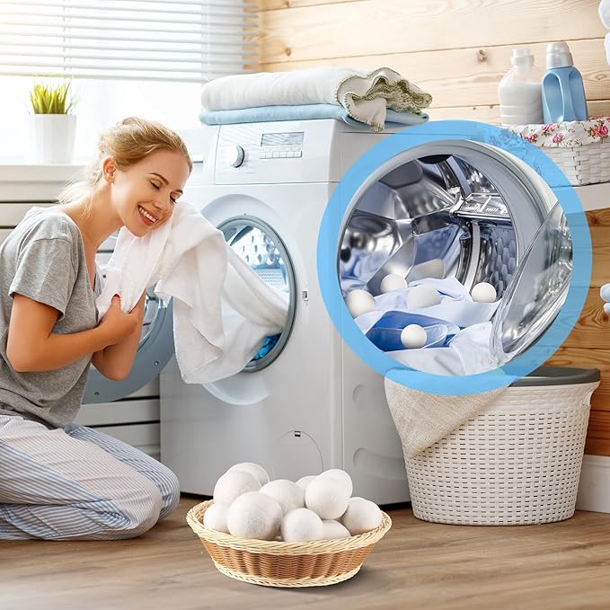 24 Pack Wool Dryer Balls, 3.15'', 2.4'' Reusable Laundry Balls Wool Balls Natural No Lint Fabric Softener Balls for Clothing Wrinkles (White)