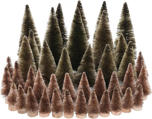 Yookat 40Pcs Mini Christmas Trees Artificial Mini Pine Trees with Wood Base Sisal Trees Bottle Brush Trees Assorted Color for Christmas Decoration Winter Ornaments (Brown)
