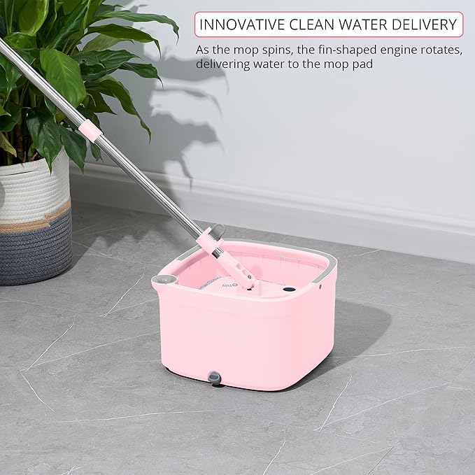Square Spin Mop and Bucket Smart Floor Mop with Separate Compartments for Clean and Dirty Water, Self Cleaning with 2 Machine Washable Pads, First Launch Limited Edition Rose