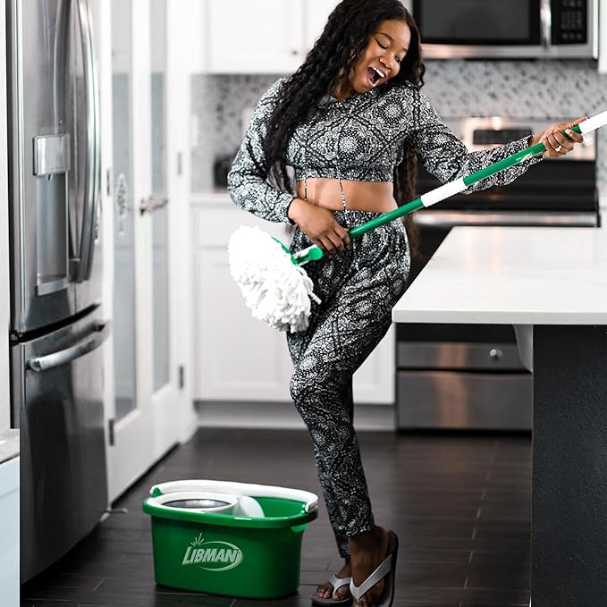 Libman Tornado Spin Mop System - Mop and Bucket with Wringer Set for Floor Cleaning - 2 Total Mop Heads Included, Green