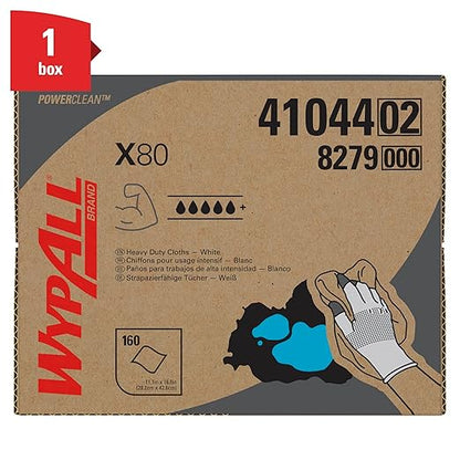 WypAll PowerClean X80 Cloths Heavy Duty Wipes (41044), Brag Box, Extended Use Towels, White (1 Packs of 160 Sheets, 160 Sheet Total)