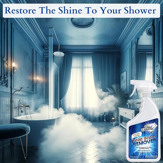 Black Diamond Stoneworks Natural Stone Shower Soap Scum Remover Spray. For Cleaning Bathtubs, Glass Doors, Tubs, Travertine, Marble, Tile. Heavy Duty, Safe Acid-Free Cleaner. Safe for fixtures.