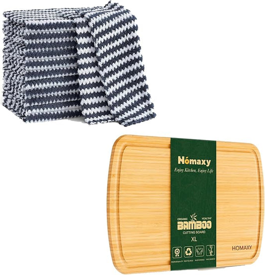 Homaxy 12 Pack Kitchen Dish Cloths, Reusable Fast Drying Microfiber Cleaning Cloth, Coral Velvet Wave Design Lint Free, and Extra Large Bamboo Cutting Board for Kitchen, 18x12.5 Wood XL Cutting Board