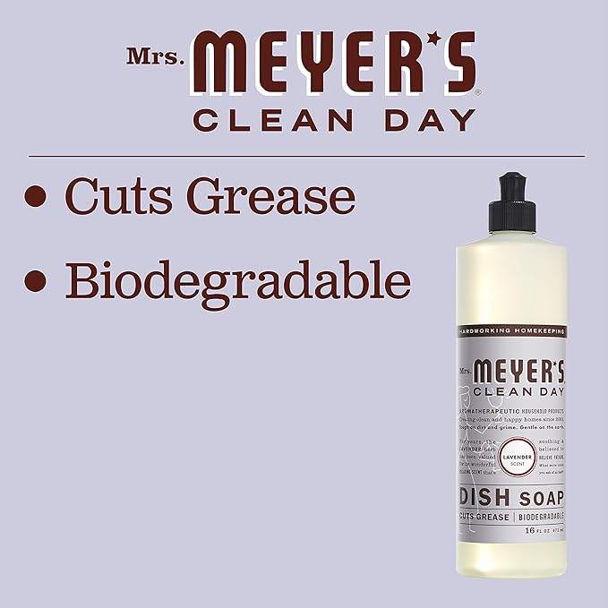 MRS. MEYER'S CLEAN DAY Liquid Dish Soap, Biodegradable Formula, Lavender, 16 fl. oz - Pack of 3